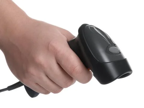 Man with barcode scanner on white background, closeup Stock-Fotos