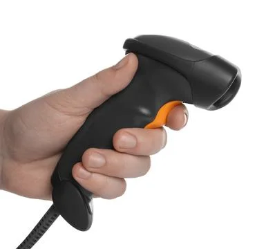 Man with barcode scanner on white background, closeup 스톡 사진