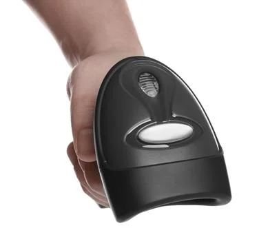 Man with barcode scanner on white background, closeup Stock Photos
