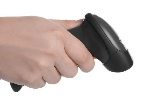 Man with barcode scanner on white background, closeup Stock-Fotos