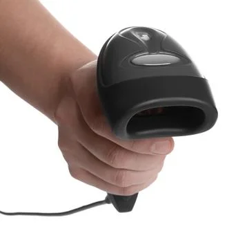 Man with barcode scanner on white background, closeup Stock Photos