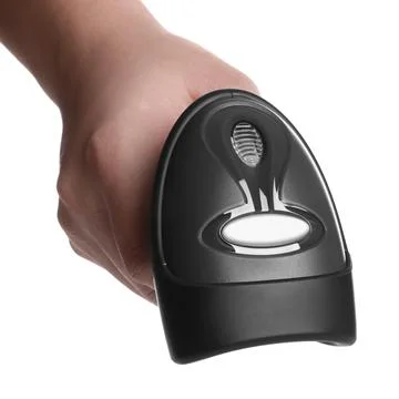 Man with barcode scanner on white background, closeup 스톡 사진