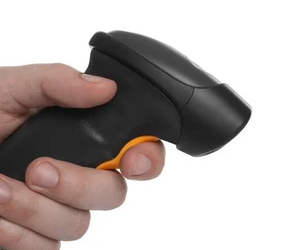 Man with barcode scanner on white background, closeup Stock-Fotos