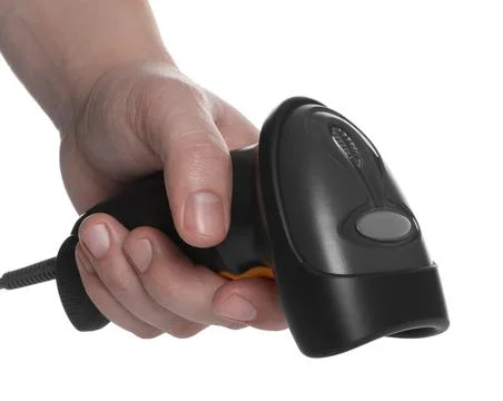 Man with barcode scanner on white background, closeup 写真素材