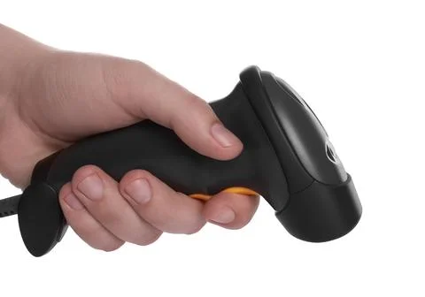 Man with barcode scanner on white background, closeup 写真素材