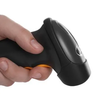 Man with barcode scanner on white background, closeup 스톡 사진