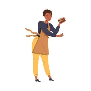 Man Barista Wearing Apron Preparing Coffee Drink Holding Roasted Coffee Bean Stock Illustration