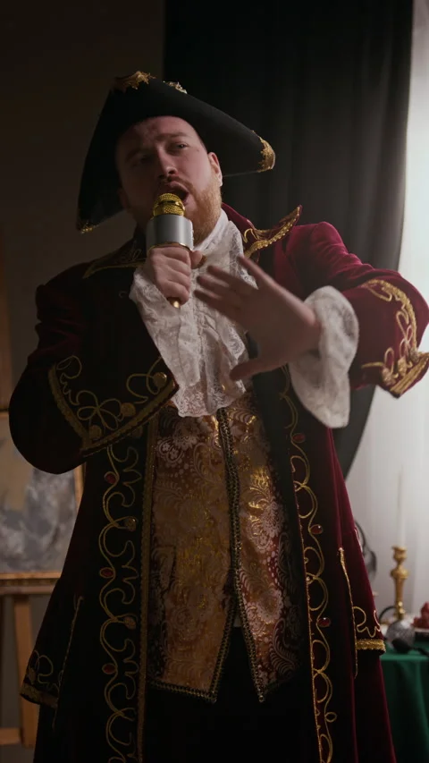 Man in Baroque Clothes Singing into Microphone with Passion Indoors Stock Footage 333563675