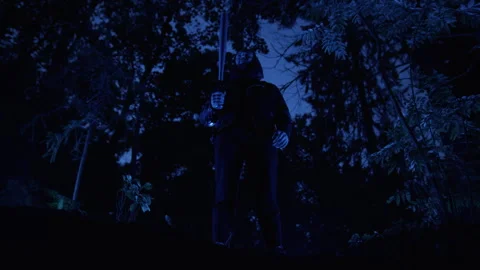 Man with bat in his hands stands over dug hole in dark scary forest. Man stands Stock Footage 247016919