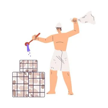 Man Bathing in Sauna and Taking Steam Bath Pouring Water to Hot Stone Vector Stock Illustration