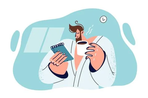 Man in bathrobe drinks coffee instead of breakfast and holds notebook, reading Stock Illustration