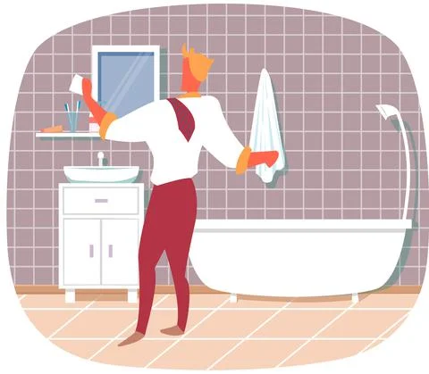 Man in bathroom going to work after shower, dressed in white shirt, red pants Illustrazione stock