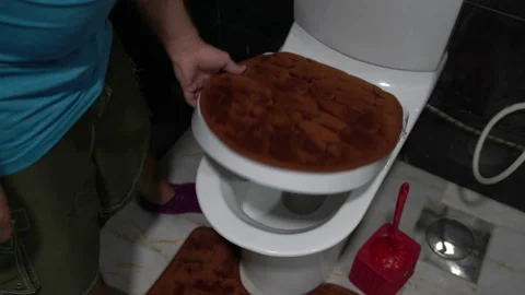 Man in the bathroom using a brush washes the toilet Stock Footage 101514725