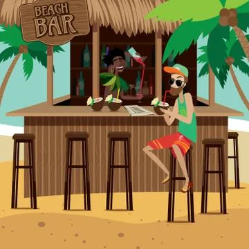 Man at beach bar drinks exotic cocktail Illustrazione stock