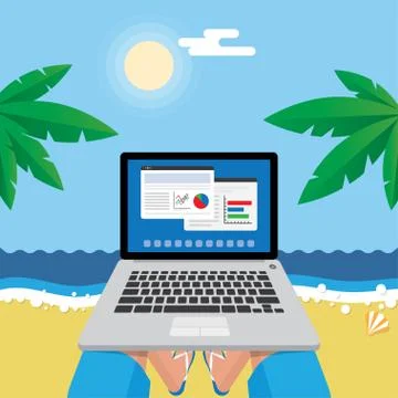 Man on the beach with laptop Illustrazione stock