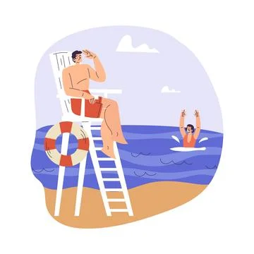 Man Beach Lifeguard Character Sitting on High Stand Tower and Woman Drowning in Stock Illustration
