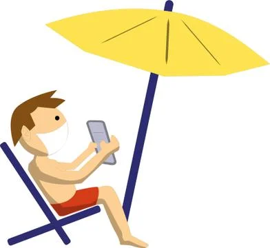 Man on beach working with a tablet and wearing health mask Stock Illustration
