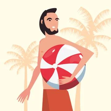 Man with beachball palm tree background summer time Stock Illustration