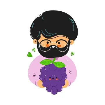 Man with beard and glasses holding cute grape Stock Illustration