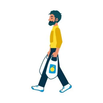A man with a beard and mustache in a flat cartoon style carries grocery plastic Stock Illustration