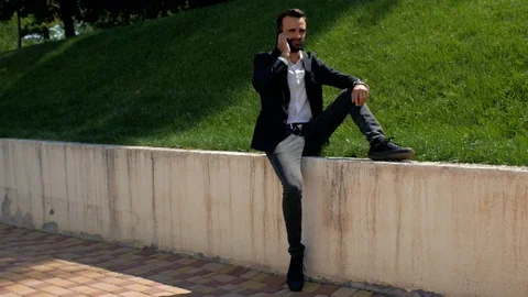 Man with a beard in a classic suit is sitting on and talking on the phone Stock Footage 113965602