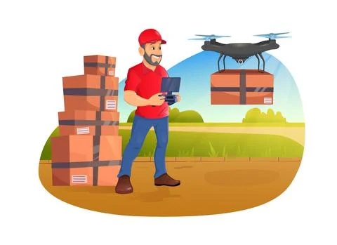 Man with beard controls drone delivery with wireless remote. Concept male Stock Illustration