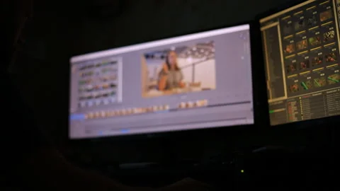 A man with a beard editing video in the program, sitting at two monitors and dri Video stock 98535556