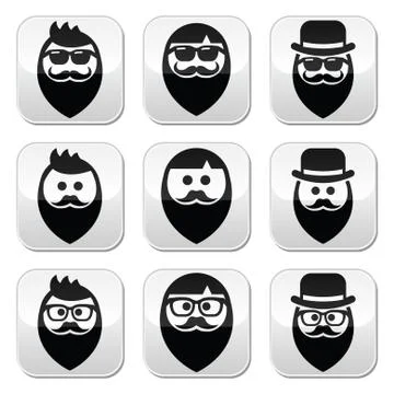 Man with beard with moustache or mustache, hipster buttons set Stock Illustration