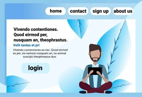 Man beard mustache sitting pose using tablet male faceless cartoon character イラスト素材