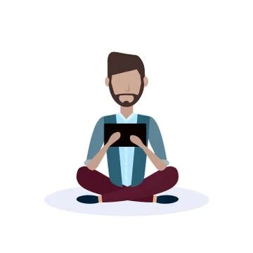 Man beard mustache sitting pose isolated using tablet male faceless cartoon 스톡 일러스트