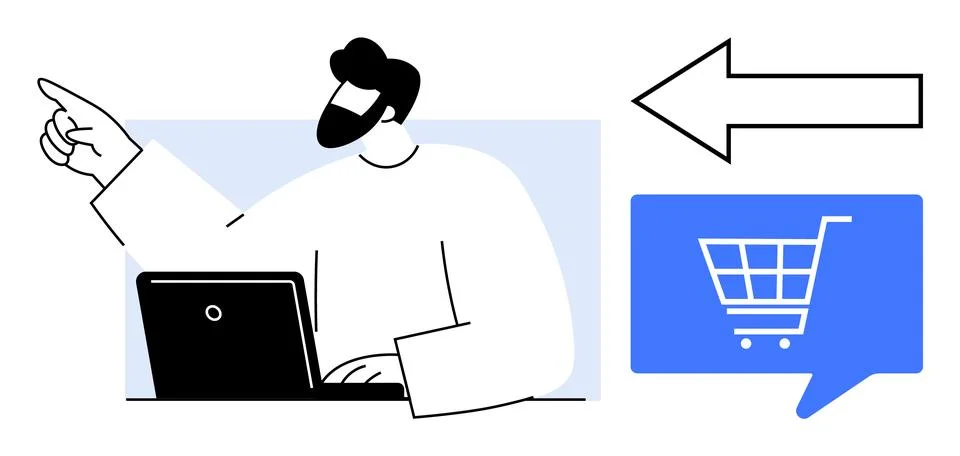 Man with a beard pointing left while sitting at a laptop, next to a large arr Stock Illustration