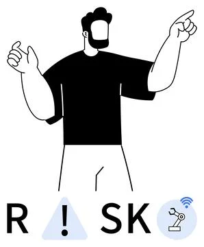 Man with beard pointing upwards, large letters spelling RISK with a warning s Stock Illustration