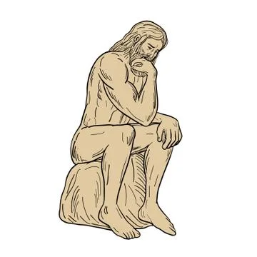 Man With Beard Sitting Thinking Drawing Stock Illustration