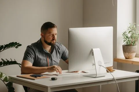 A man with a beard is typing during the video conference at the desktop compu Stock Photos