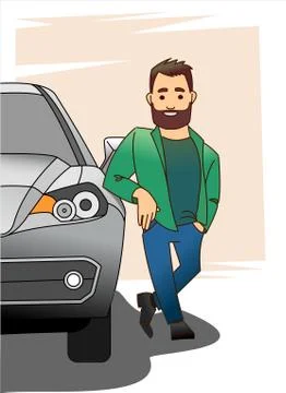 A man with a beard in an unbuttoned jacket or shirt. Half car, front view. Stock Illustration