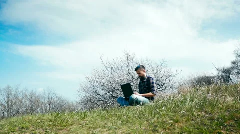 Man with a beard uses laptop on nature near blossoming tree Stock Footage 62438457