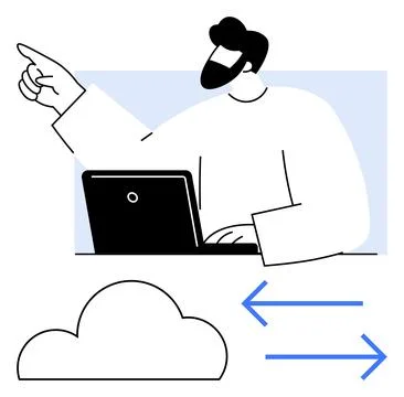 Man with beard using laptop and pointing upward with bidirectional arrows and イラスト素材