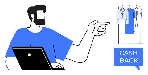 Man with beard using laptop while pointing at clothing rack and cash back sig Stock Illustration