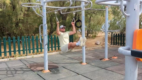 A man with a beard, wearing a cap and sunglasses, does pull-ups in a park Stock Footage 310334044
