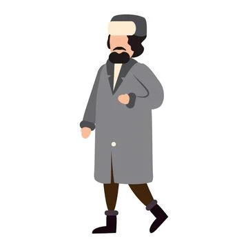Man with beard winter cold weather clothes, cap, warm coat, boots. Cartoon flat Stock Illustration