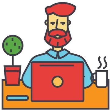 Man with beard working on notebook computer, businessman, make money online,  イラスト素材