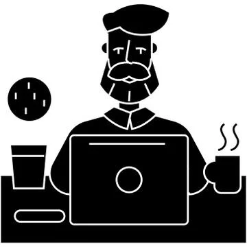 Man with beard working on table with notebook icon, vector illustration, black Illustrazione stock
