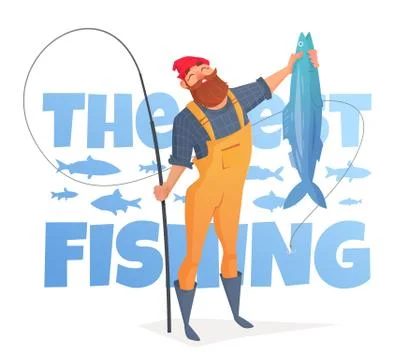 Man with a beard in a yellow overalls caught a big fish. Stock Illustration