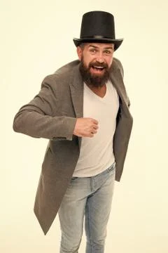 Man bearded guy cheerful face solve problem as magician. Magician character Foto stock