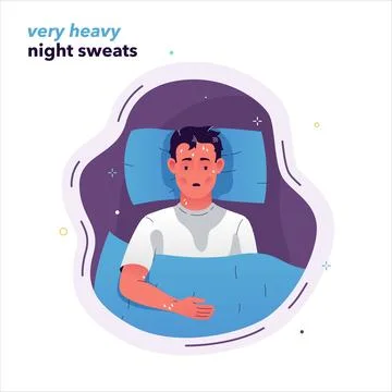 A man in bed with flu, sweating heavily at night due to cold symptoms. Stock Illustration