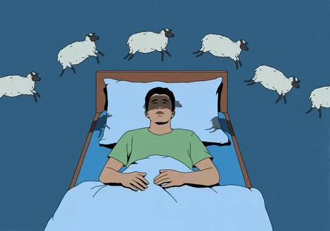 Man in bed with insomnia counting sheep floating overhead Stock Illustration