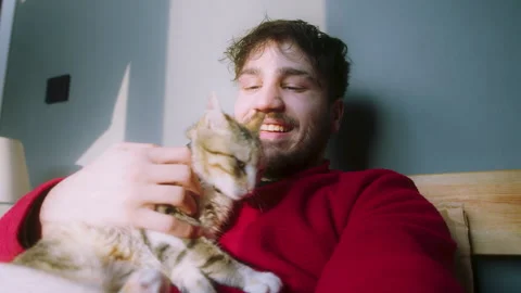 Man in Bed Smiling While Video Calling with His Cat  Relaxing Morning Moment Stock Footage 303926470