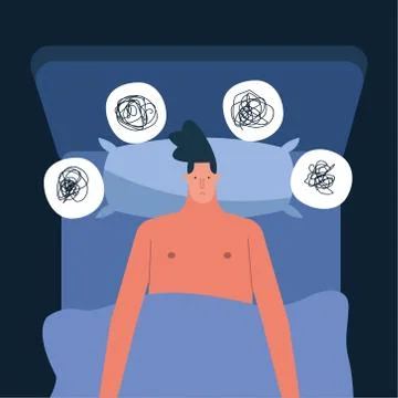 Man in bed thinking problems suffering from insomnia character Stock Illustration