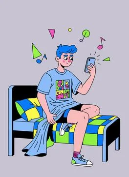 Man on Bed Using Smartphone Stock Illustration