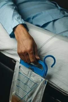 Man in bed wearing a urinary catheterization Stock Photos